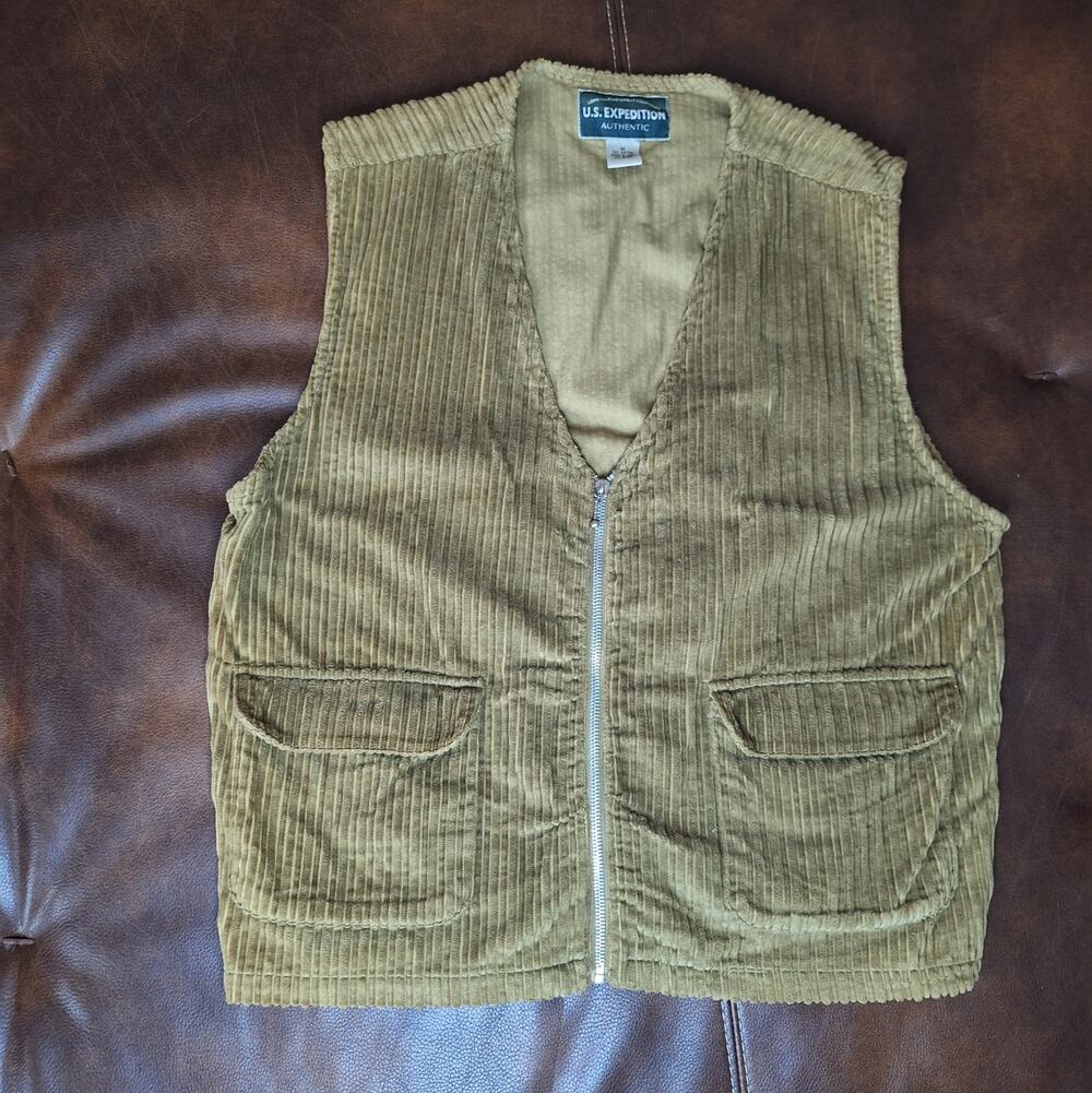 RARE VTG US Expedition Corduroy Vest Mens M Olive Tan Full Zip Cargo Pocket 90s